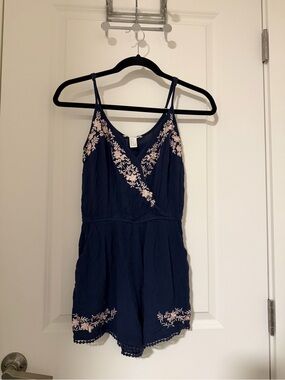 Forever 21 Navy Blue Romper with Light Pink Floral Embroidery
